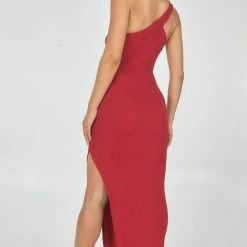 LORETA Clothing Lurex Maxi Dress With Side Split (Red)