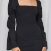 LORETA Black Tiered Sleeve Shirred Mini Dress Clothing