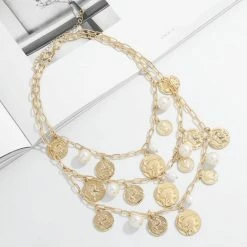 LORETA 24HR OVERNIGHT COLLECTION Multi Gold Coin & Cream Pearl Necklace