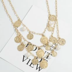 LORETA 24HR OVERNIGHT COLLECTION Multi Gold Coin & Cream Pearl Necklace