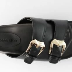 LORETA Taylor: Black Gold Buckle Flats