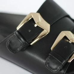 LORETA Taylor: Black Gold Buckle Flats