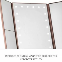 LORETA 24HR OVERNIGHT COLLECTION XL Rose Gold 3-Way Makeup Mirror W/ LED Lights - Rose Gold