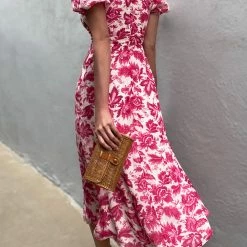 LORETA Midi Pink Floral Dress Clothing