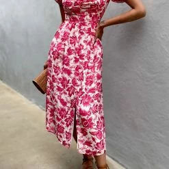 LORETA Midi Pink Floral Dress Clothing
