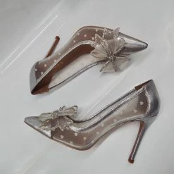 LORETA Belvia Crystal Bow Heels (Silver) 24HR OVERNIGHT COLLECTION