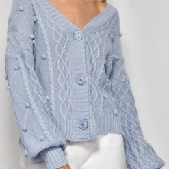 LORETA Cable Knit Textured Cardigan (Blue)