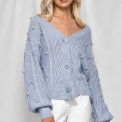 LORETA Cable Knit Textured Cardigan (Blue)