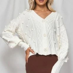 LORETA Clothing Cable Knit Textured Cardigan (White)