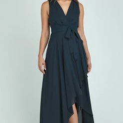 LORETA Maxi Dress With Waterfall Hem (Navy)