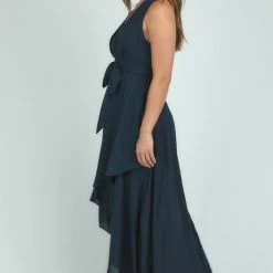 LORETA Maxi Dress With Waterfall Hem (Navy)